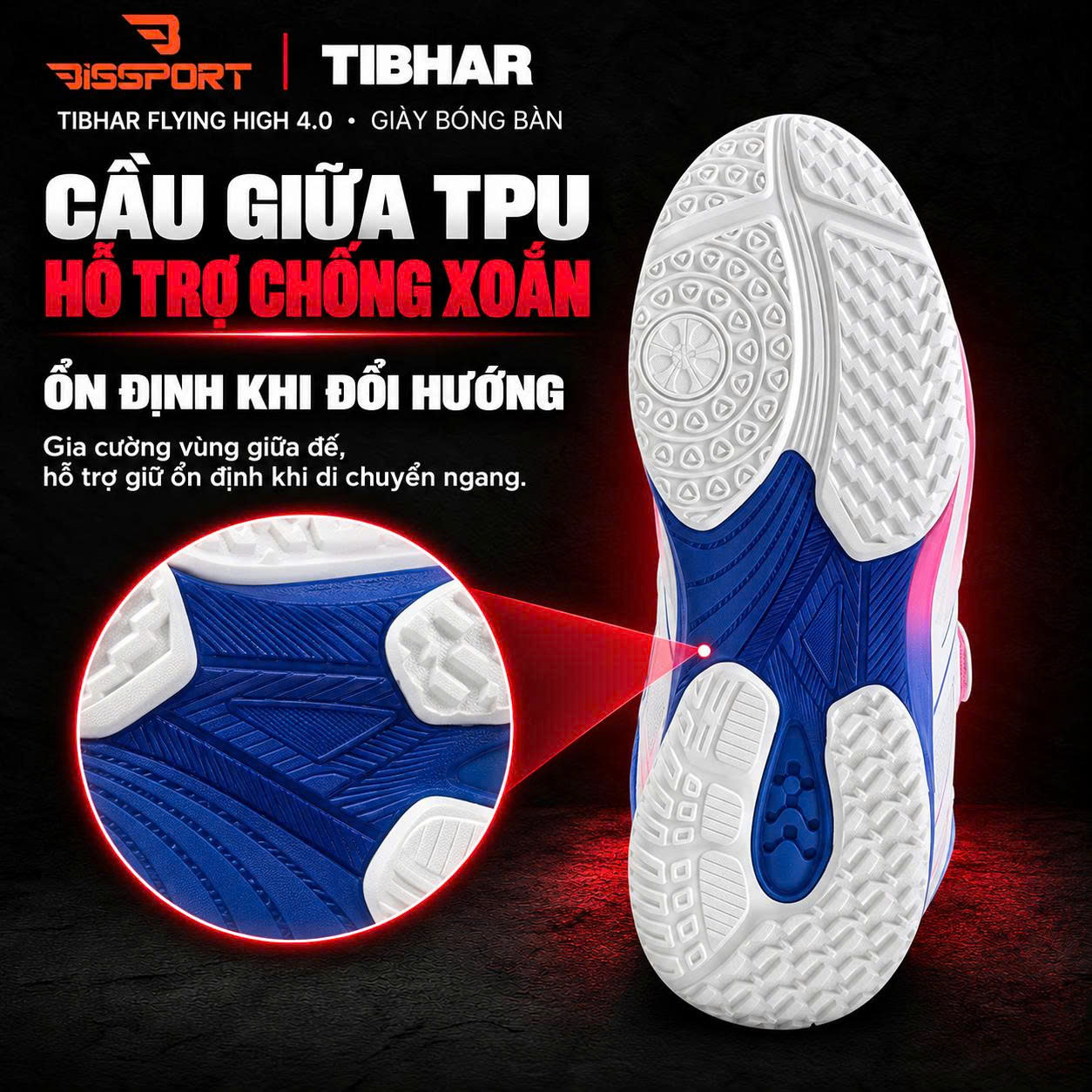Giày Bóng Bàn TIBHAR Flying High 4.0 02603 Chính Hãng - Trắng Xanh Hồng - Nhẹ Và Bám Sàn - Thoáng Khí - Chống Trượt